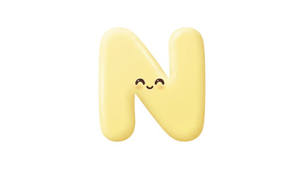 Kawaii letter N character, cute yellow alphabet mascot with smiling face, 3D soft matte typography for kids education