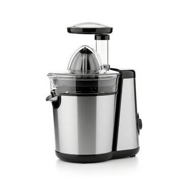 Modern electric citrus juicer with stainless steel body and transparent lid isolated on white background