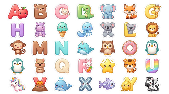 Cute animal alphabet collection, colorful cartoon letters with zoo animals, educational nursery illustrations for kids