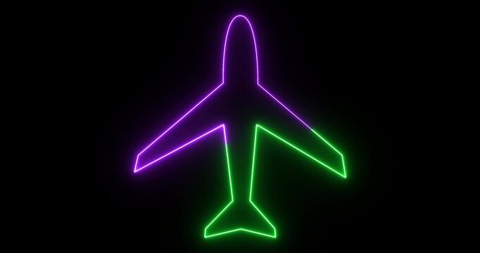 Neon Airplane Icon Animation on Black Background &ndash; Glowing Aircraft Symbol, Aviation Travel Logo, Flight UI Icon, Seamless Loop Motion Graphic in 4K with Alpha