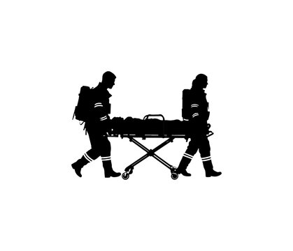 Two paramedics transporting a patient on a stretcher in black silhouette style emergency medical services