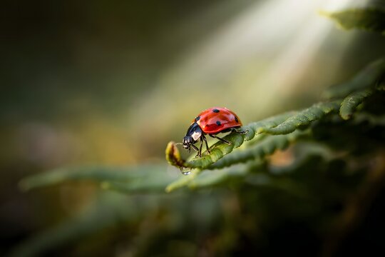 A high-quality macro image of a vibrant red ladybug perched on a delicate fern leaf with a small water droplet visible in a serene and natural woodland setting.