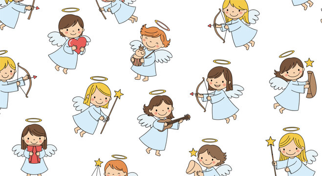 Lovely baby angels seamless pattern featuring cute cupids with bow and arrow, heart, and star on white.