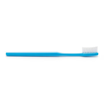A simple blue plastic toothbrush with white bristles isolated on white background