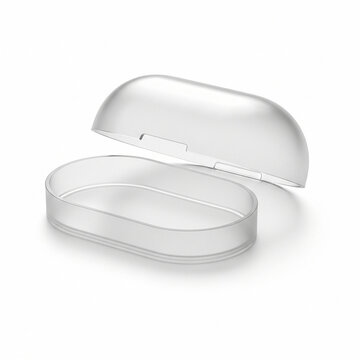 Empty transparent plastic oval box with open lid isolated on white background