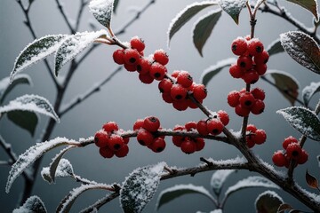 Obraz premium Red holly berries grow on frosted branches. Winter plants display bright fruit covered in snow and ice. Nature scene shows cold weather and seasonal harvest. Garden shrub with winter foliage.