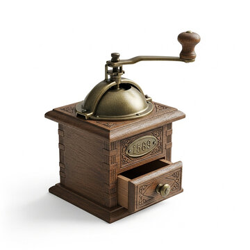 Antique wooden coffee grinder with metal crank and drawer, isolated on white background