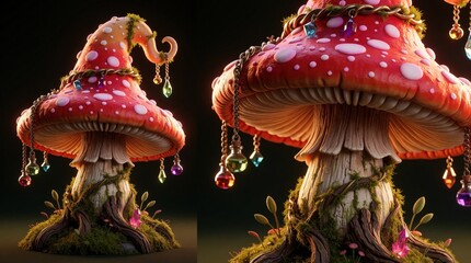 Fototapeta premium Enchanted mushroom displays crystals and potions. Magical forest cap wears jewelry, adorned with vines. Fantasy fungi glows with mystical gems.