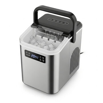 Portable countertop ice maker machine with digital display and handle, stainless steel finish for home, kitchen, or office use, isolated on white background
