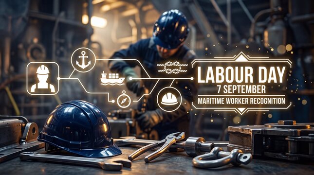 Labour day maritime worker recognition poster with tools with digital graphics maritime blue helmet tools