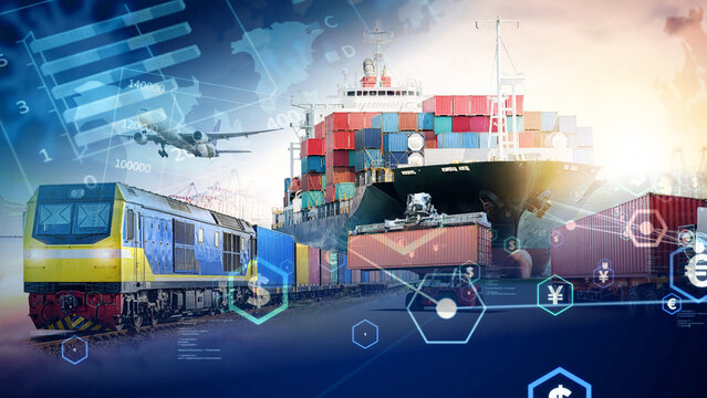 The intermodal logistics and freight data display features a cargo ship, a freight train, a cargo airplane, and delivery trucks to show the economic impact of global transportation networks