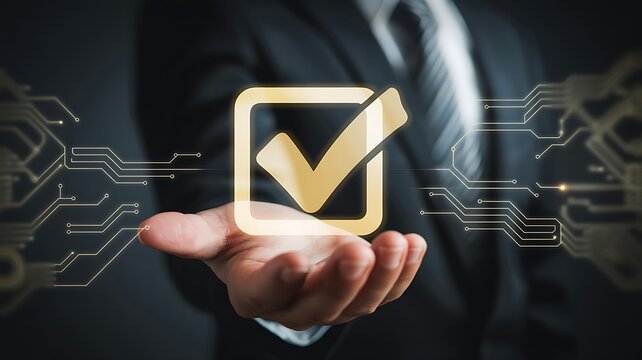 A hand in a suit holding a golden checkmark in a square, with a futuristic circuit pattern in the background. This symbolizes approval, confirmation, or completion.