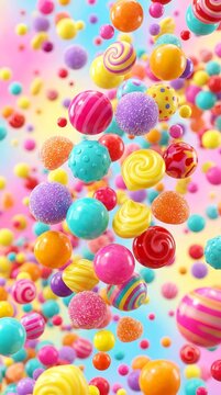Abstract floating confectionery spheres in multicolored array with colorful