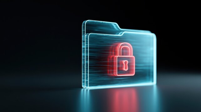 Digital folder icon with a red padlock overlay, symbolizing data security and protection. The glowing blue outline and binary code accents create a futuristic and technological aesthetic