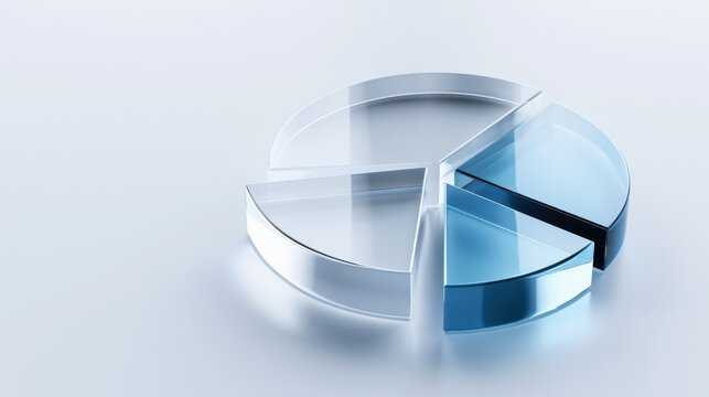 A clear glass pie chart with a blue segment, representing a data breakdown or financial report, isolated on a light background