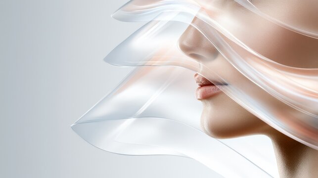 A profile shot of a woman's face, with soft, ethereal wisps of light and color flowing around it, creating a dreamlike and sophisticated aesthetic