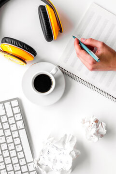 musician work set with blank paper for notes and headphones on white background top view space for text