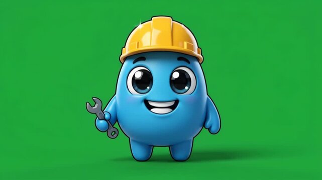 Cute Blue Blob Character Wearing a Yellow Hard Hat and Holding a Wrench, Representing Repair and Construction.
