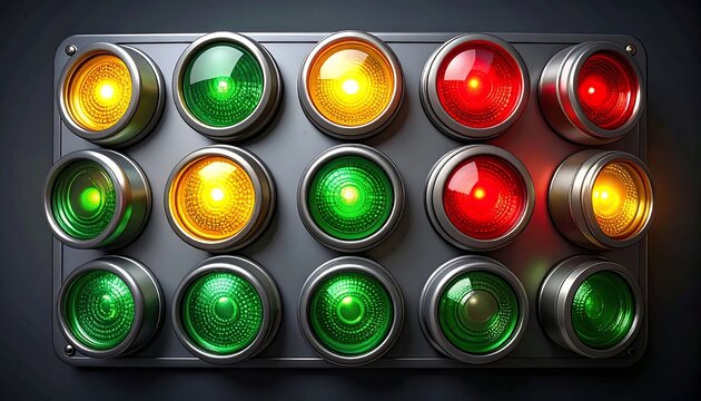 Traffic signal lights arranged in a grid, showcasing a variety of red, yellow, and green illuminated bulbs