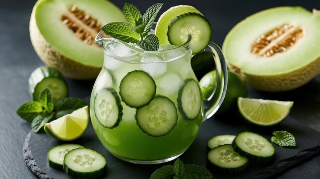 Refreshing cucumber melon agua fresca drink in pitcher garnished with cucumber slices lime and mint leaves. Cool beverage with ice surrounded by melon and citrus.