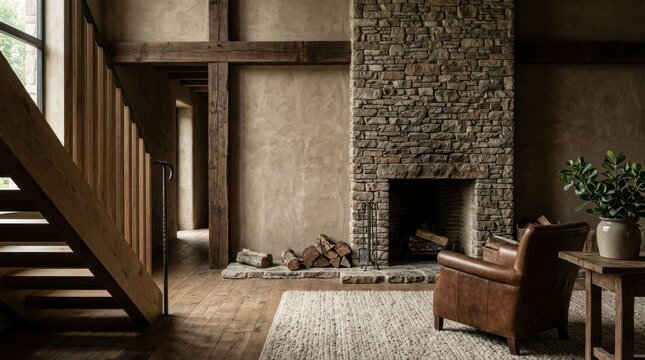 Cozy Rustic Living Room Interior with Stone Fireplace, Leather Armchair, and Wooden Beam Accents