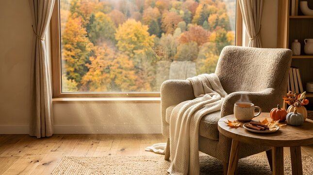 Cozy autumn reading nook with armchair and window view of fall foliage.