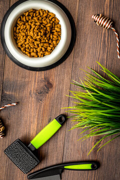grooming equipment with brushes for care and training pet on wooden background top view