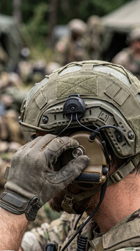 Military soldier wearing camouflage helmet and tactical headset communication gear in outdoor field camp