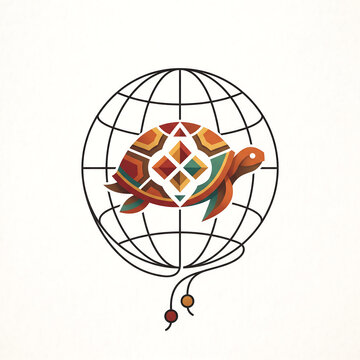 Minimalist indigenous peoples day logo with globe turtle and shell pattern on white