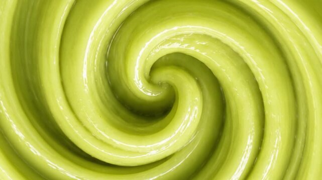 Macro View of Smooth Lime Green Dessert Cream Forming a Perfect Spiral Swirl, Glossy Thick Texture with Soft Highlights and Fresh Tropical Aesthetic Ultra Close-Up Glossy Lime Green Cream Swirl