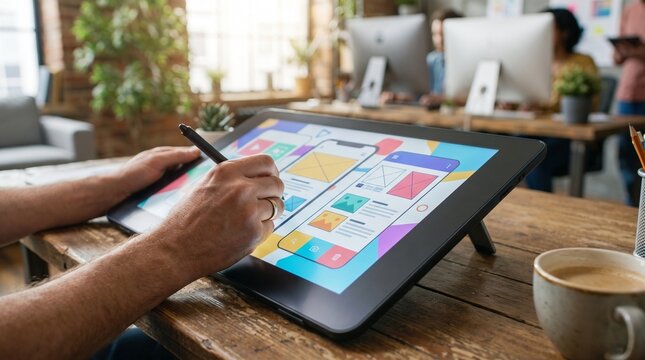 Professional UI designer using graphics tablet for mobile app interface, creative digital artist working in modern office