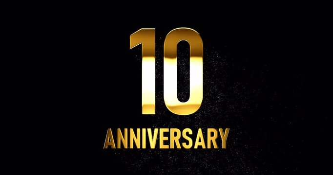 Gold 10 years anniversary, numbers with glare and glittering falling particles, ten years jubilee or birthday celebration, loop footage