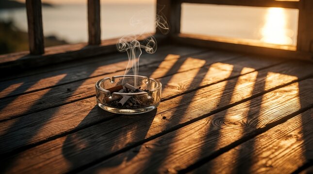 Glass ashtray sits on wooden deck, filled with cigarette butts and ash. Smoke rises gently in warm sunset light, casting long shadows across planks. Scene evokes quiet contemplation and solitude.