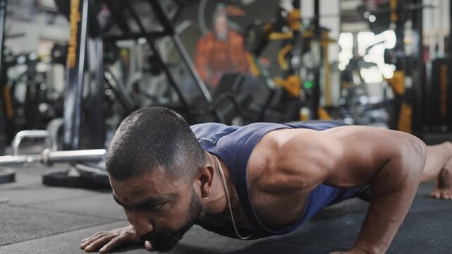 An Indian Asian fit, muscular, shirtless young man performing a bodyweight resistance training exercise, push ups in a modern gym. Fitness, workout, healthy lifestyle, wellness. bodybuilding concept
