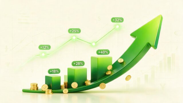 Premium 3D gradient arrow representing positive investment growth and financial success, sleek upward trajectory with smooth geometric curves, sophisticated blue and green gradient finish, realistic 