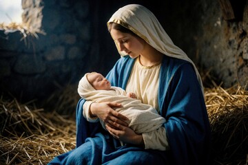Fototapeta premium Young mother cradles sleeping baby son in manger surrounded by straw, rustic stone wall. Gentle affection, religious devotion depicted in soft natural light. Serene moment captures biblical scene of