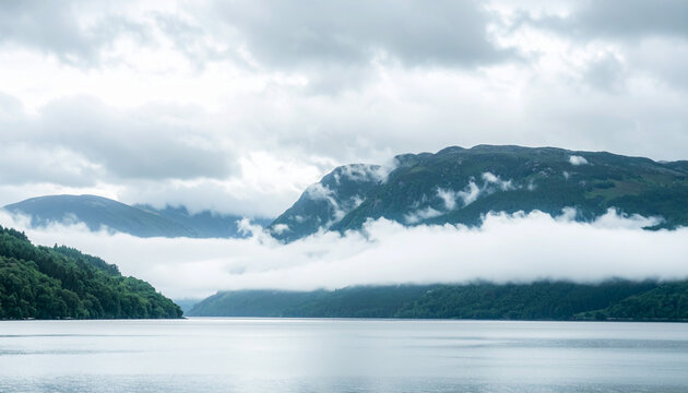 Lago escoc&eacute;s entre monta&ntilde;as y bosques con cielo nublado y reflejos sobre el agua, fotograf&iacute;a paisaj&iacute;stica del Lago Ness en Escocia, naturaleza, turismo, aventura, niebla y atm&oacute;sfera cinematogr&aacute;fica