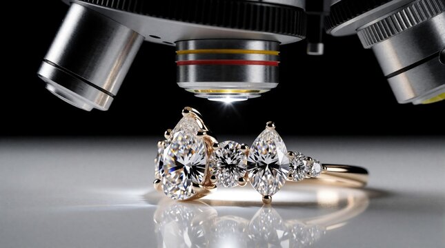 Diamond ring under microscope. Professional analysis checks gemstone clarity cut quality. Brilliance sparkle examined in laboratory gemology.