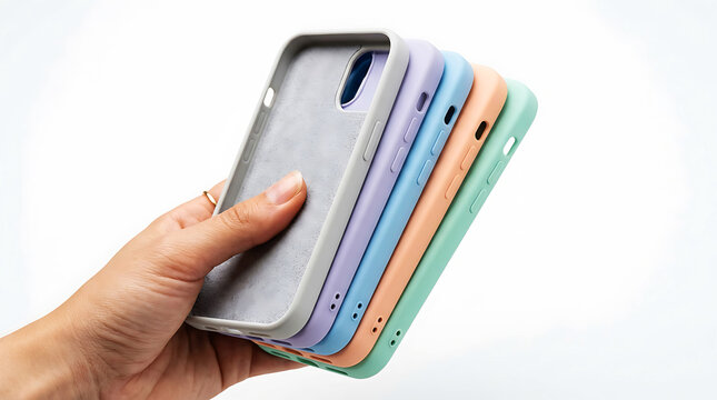Hand holding a stack of colorful protective smartphone cases isolated on a white background