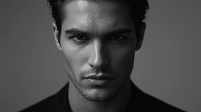 Black and white close-up, model's gaze unwavering. Slow zoom, subtle head tilt, then a slight blink.