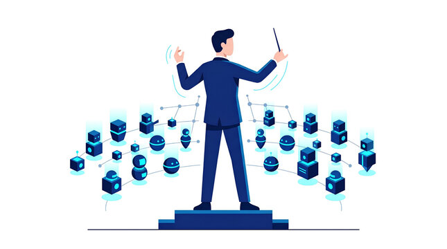 A businessman or conductor orchestrating a complex network of interconnected data nodes and technological systems, symbolizing management and control.