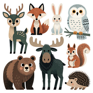 Set of illustrations of forest animals in flat style: bear, deer, fox, moose, hare, owl, squirrel and hedgehog