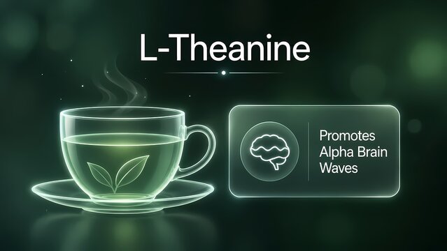 L-Theanine in Green Tea Infographic, Amino Acid Benefits for Alpha Brain Waves and Stress Relief

