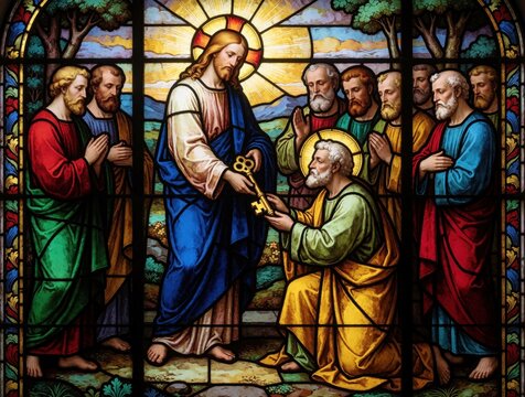 Jesus gives keys to Saint Peter in church stained glass art. Apostles witness this biblical event in colorful holy window. Divine scene shows faith.