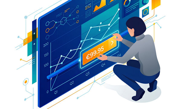 Isometric illustration of a person analyzing financial data and business analytics on a large digital screen with graphs and charts, representing market trends and economic growth.