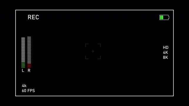 Camera viewfinder overlay with REC recording indicator and audio level meter on black background with 4k 60 FPS display