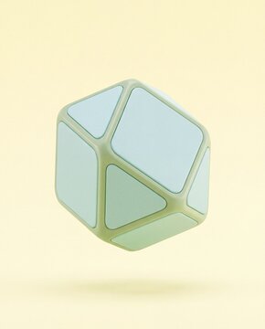 A geometric icosahedron shape with light blue panels floating on a pale yellow studio background.