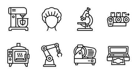 Fototapeta premium Industrial Equipment Icons: Mixer, Oven, Robot Arm, Slicer, Printer, Microscope, Conveyor