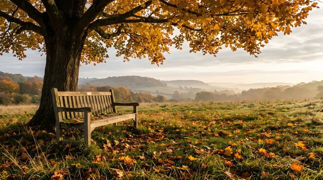 A peaceful wooden bench sits under a large autumn tree in a golden field.