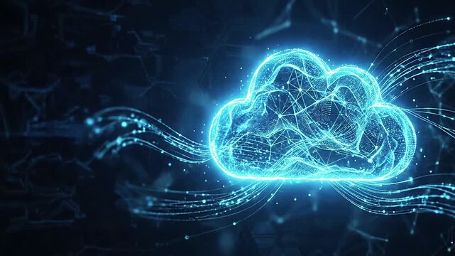 Cloud computing technology background, futuristic glowing cloud made of digital particles and network connections, flowing data streams